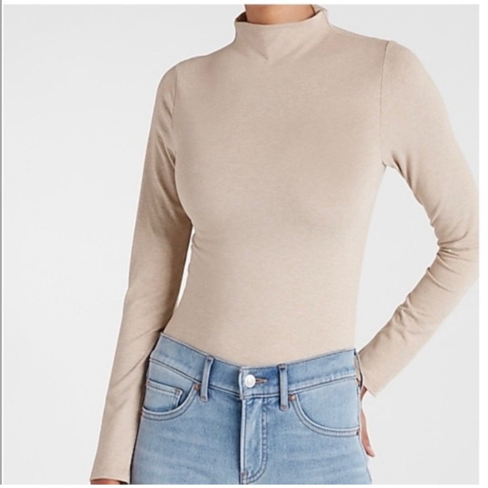Express Body Contour Cozy Mock Neck Top Heather Tan/Beige Size XSmall